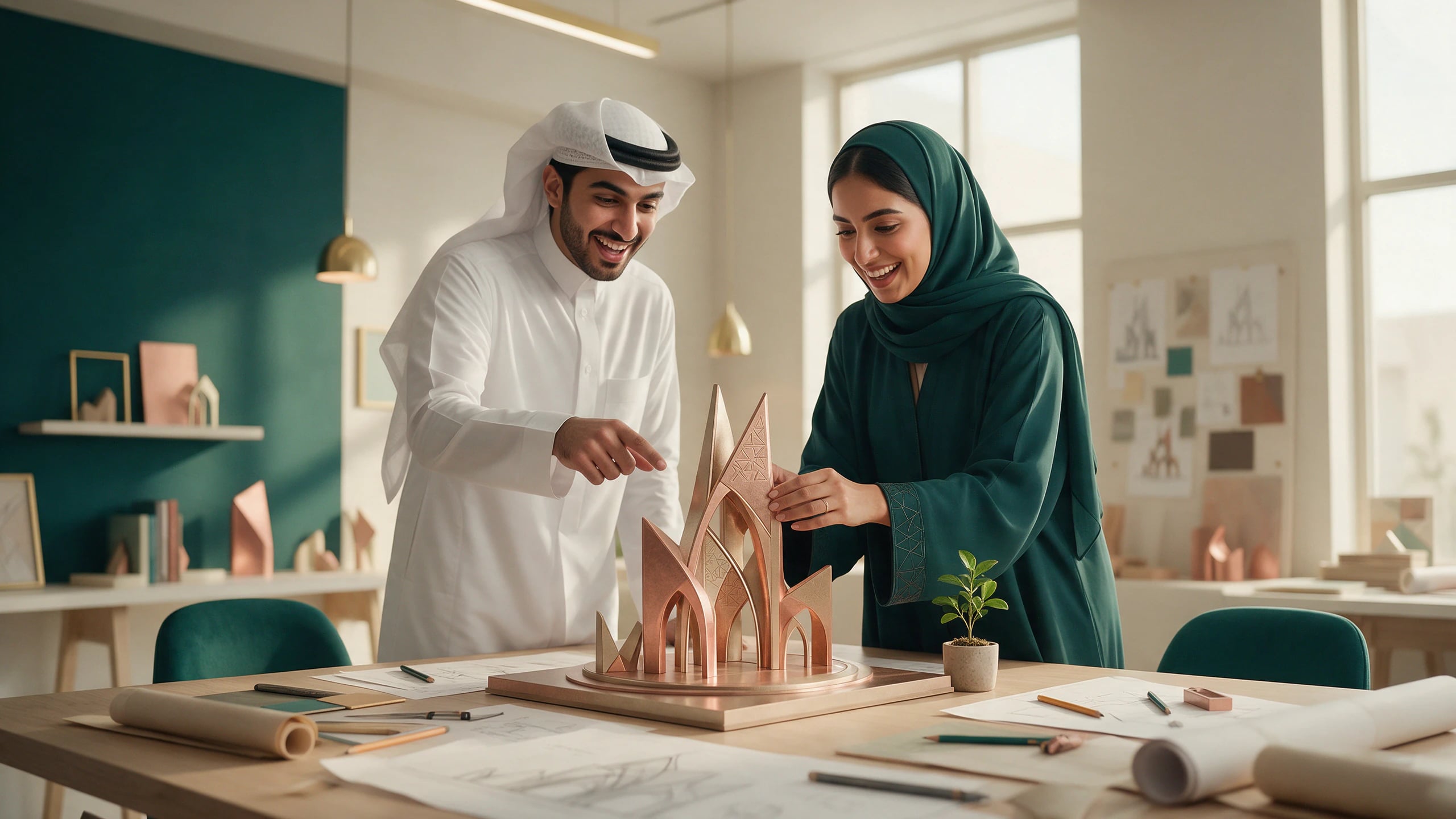زميلان سعوديان يناقشان مجسّمًا معماريًا